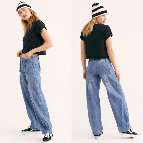 Free people birch denim wide leg pants Clearance